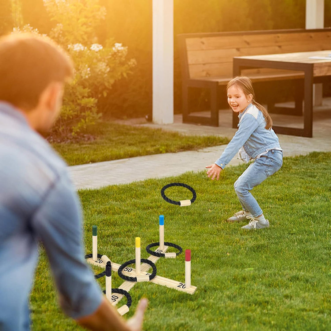 Aufun Ringwurfspiel aus Holz Wurfspiel Set mit 5 Wurfringe und 5 Spielstäben, Holzspiel Gartenspielz