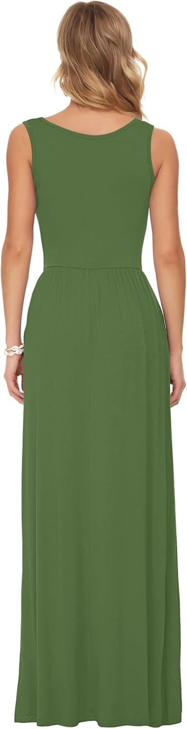 AUSELILY Damen Sommer Ärmelloses, lockeres Maxikleid Lässiges, langes Kleid mit Taschen Armee Grün M