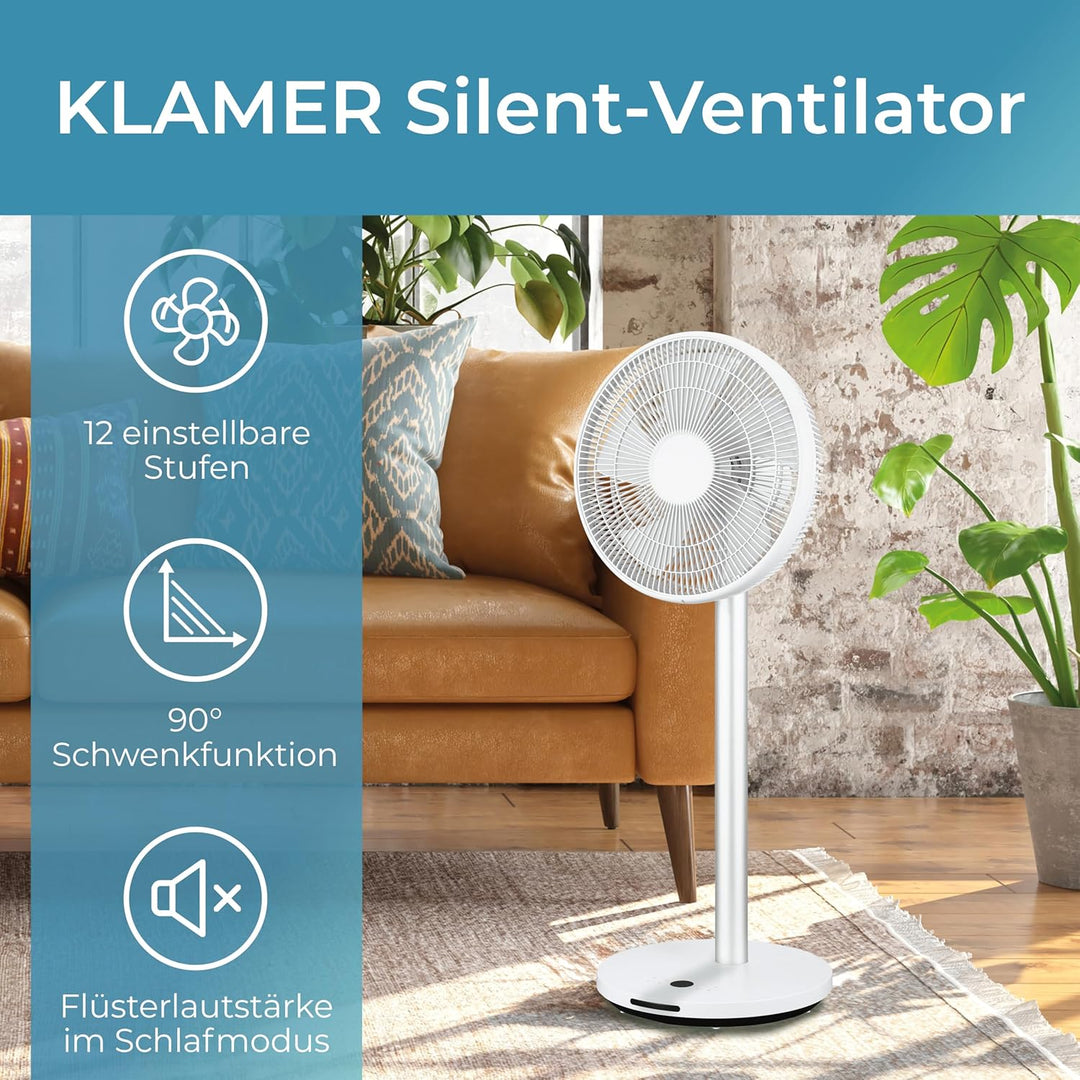 KLAMER Silent Ventilator, extra leiser DC Designventilator mit Fernbedienung, 12 Geschwindigkeitsstu