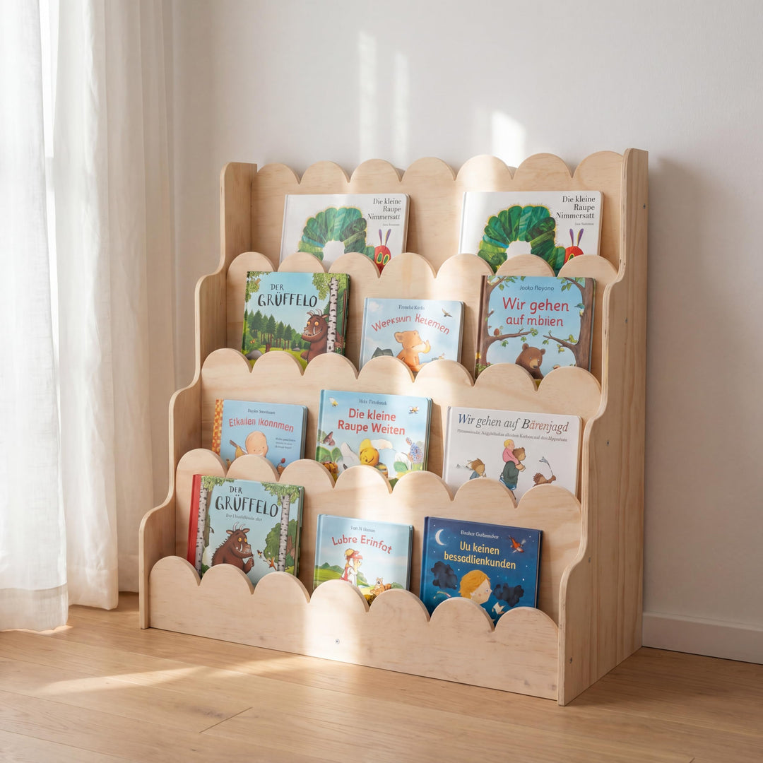Kinderbuchregal aus Holz mit Wellenkanten, Frontal-Bücherregal mit 5 Ebenen | Stabiler Kinder-Buchst