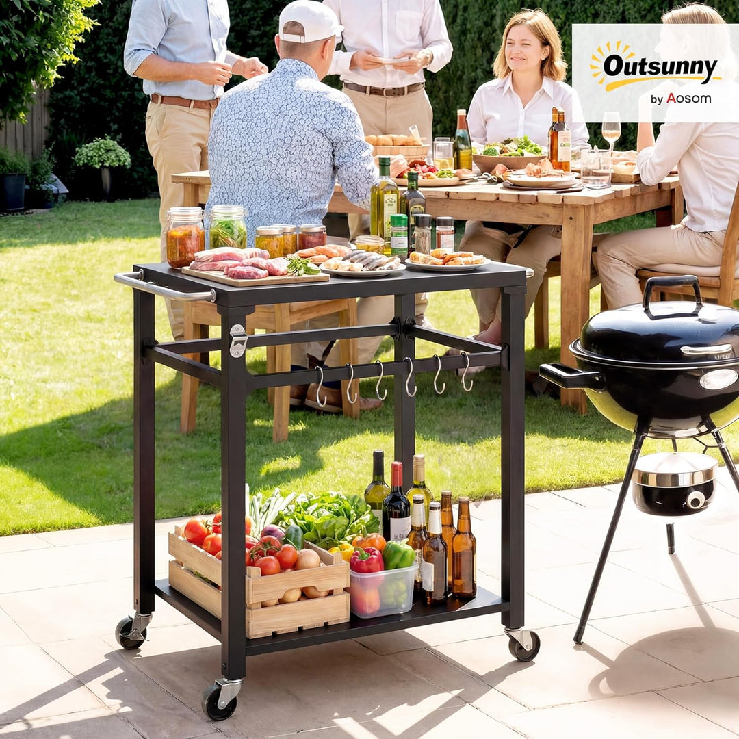 Outsunny Grillwagen 2-Etagen Grilltisch mit Metalloberfläche, Griff und Haken, mobiler Servierwagen