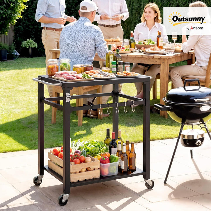 Outsunny Grillwagen 2-Etagen Grilltisch mit Metalloberfläche, Griff und Haken, mobiler Servierwagen