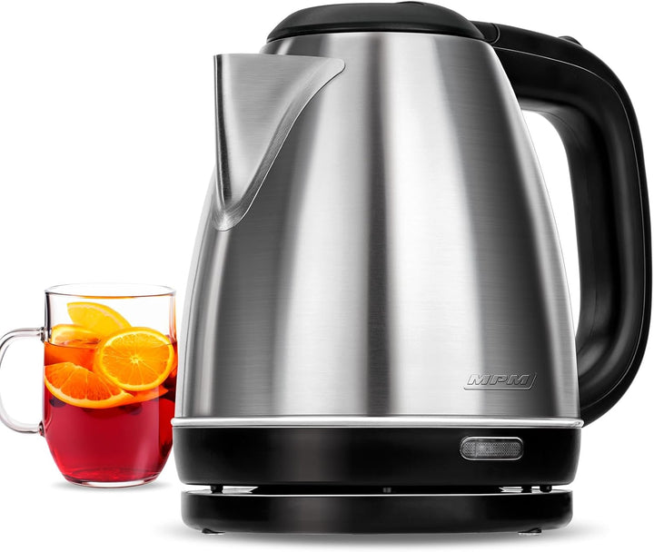 MPM MCZ-84M Elektrischer Wasserkocher, 1600 W, 1 Liter, 0 Dezibel, Edelstahl, silber, 1L Rostfreier