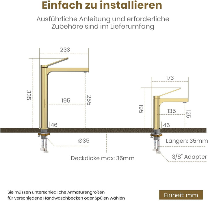EMKE Wasserhahn Bad Champagnergold, 195 x 173 x 46 mm, Messing, Keramikkartusche, Badarmatur, Mischb