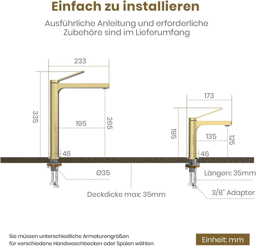 EMKE Wasserhahn Bad Champagnergold, 335 x 233 x 46 mm, Messing, Keramikkartusche, Badarmatur, Mischb