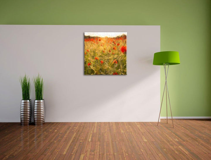 Pixxprint Mohnfeld bei Sonnenuntergang als Leinwandbild Quadratisch/Grösse: 70x70 / Wandbild/Kunstdr