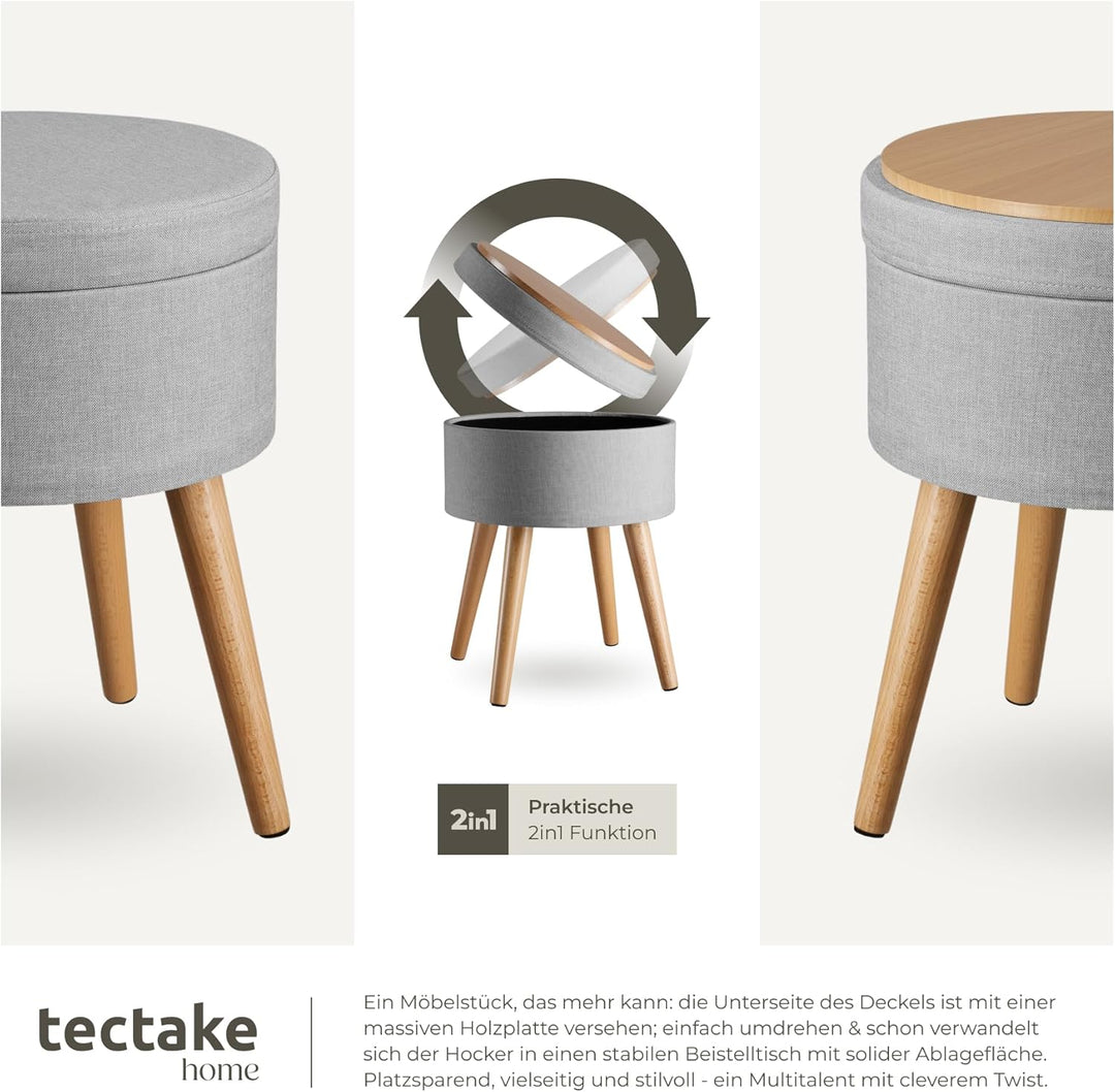 tectake 800836 Sitzhocker mit Stauraum in Leinenoptik, bis 300 kg belastbar, rund, Deckel abnehmbar,