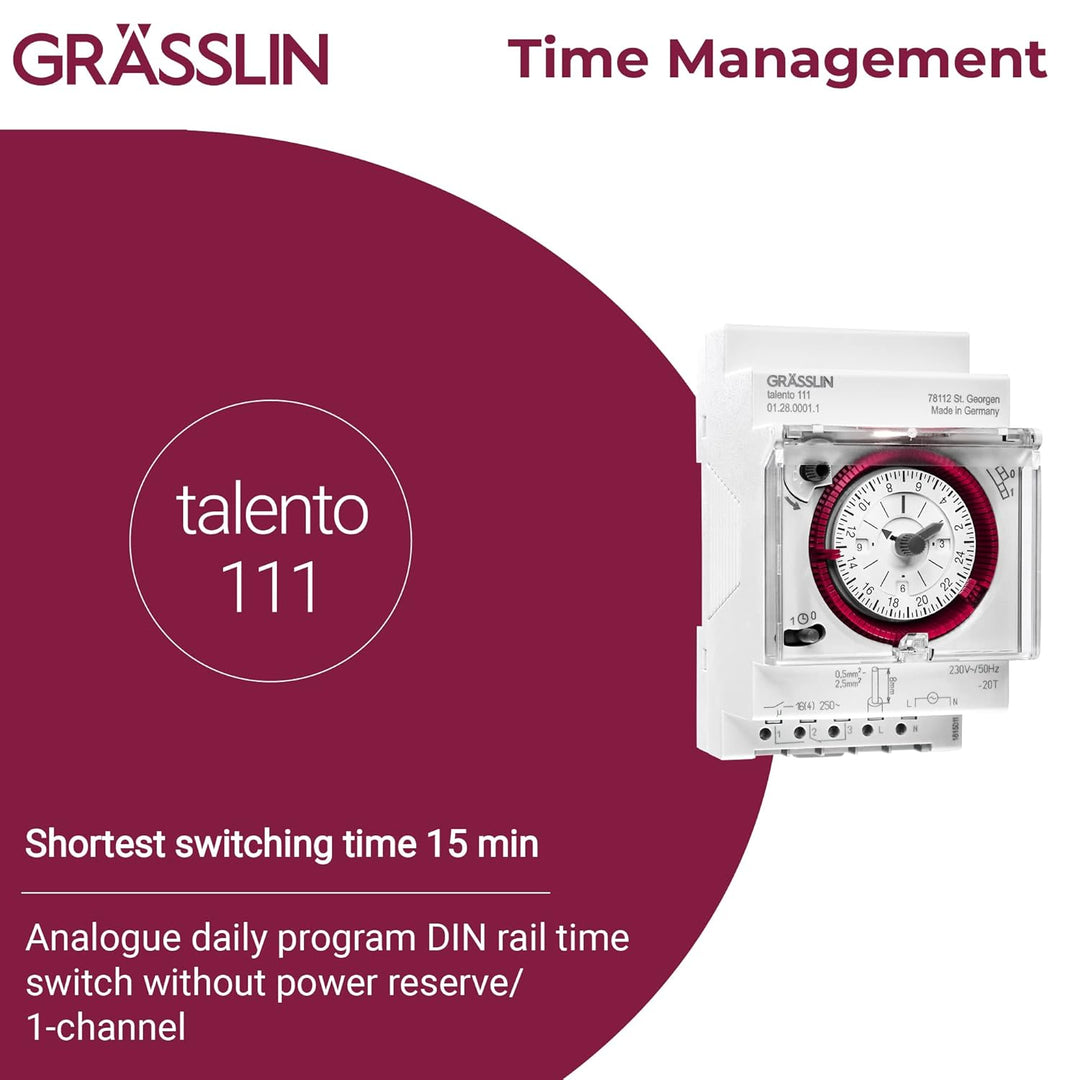 GRÄSSLIN 01.28.0001.1 talento 111- analoge Verteilerschaltuhr mit Tagesprogramm I 3TE I 1-Kanal I Mo