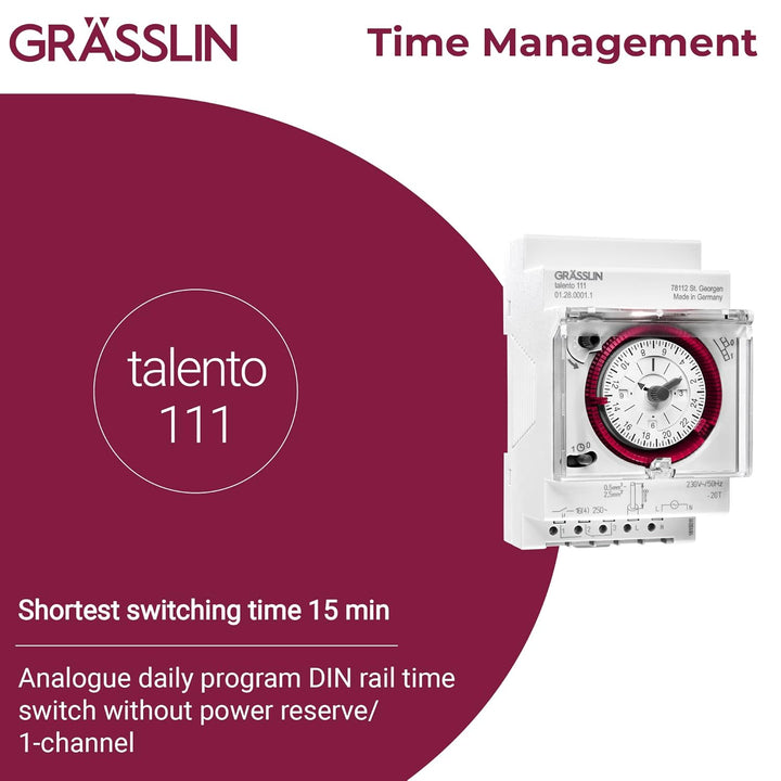 GRÄSSLIN 01.28.0001.1 talento 111- analoge Verteilerschaltuhr mit Tagesprogramm I 3TE I 1-Kanal I Mo