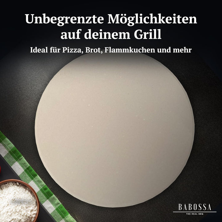 BABOSSA Pizzastein für den Grill | Ø32x3cm – Hochwertiger Cordierit Backstein – Knuspriger Boden, vi