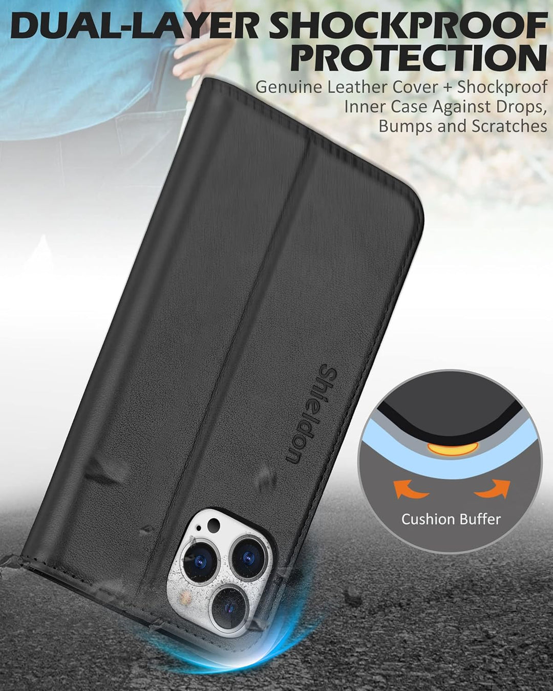SHIELDON Hülle für iPhone 13 Pro Max Handyhülle TPU [Echtleder] [Kartenfach] [Magnet] Standfunktion