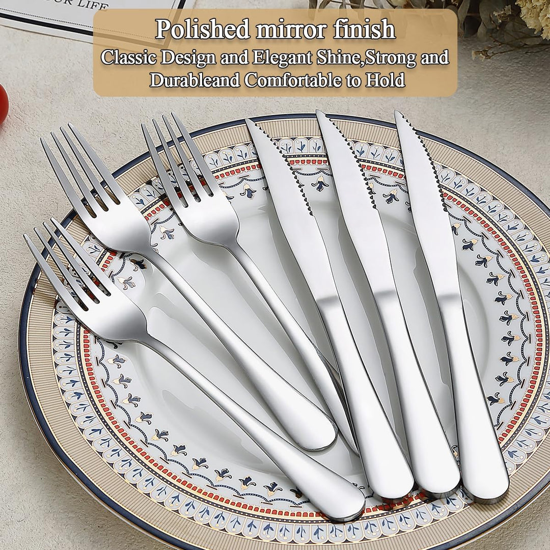 Evanda Steakbesteck 24 teilig, Edelstahl 12 Tafelgabeln und 12 Tafelmesser Set, Steakmesser Steakgab