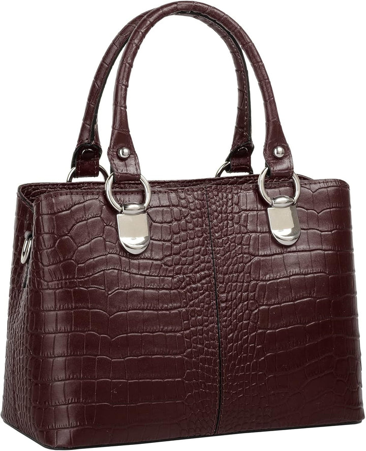 Umhängetasche Echt Leder Damen Made in Italy, Kroko-Optik Handtasche, Damen Schultertasche, elegante