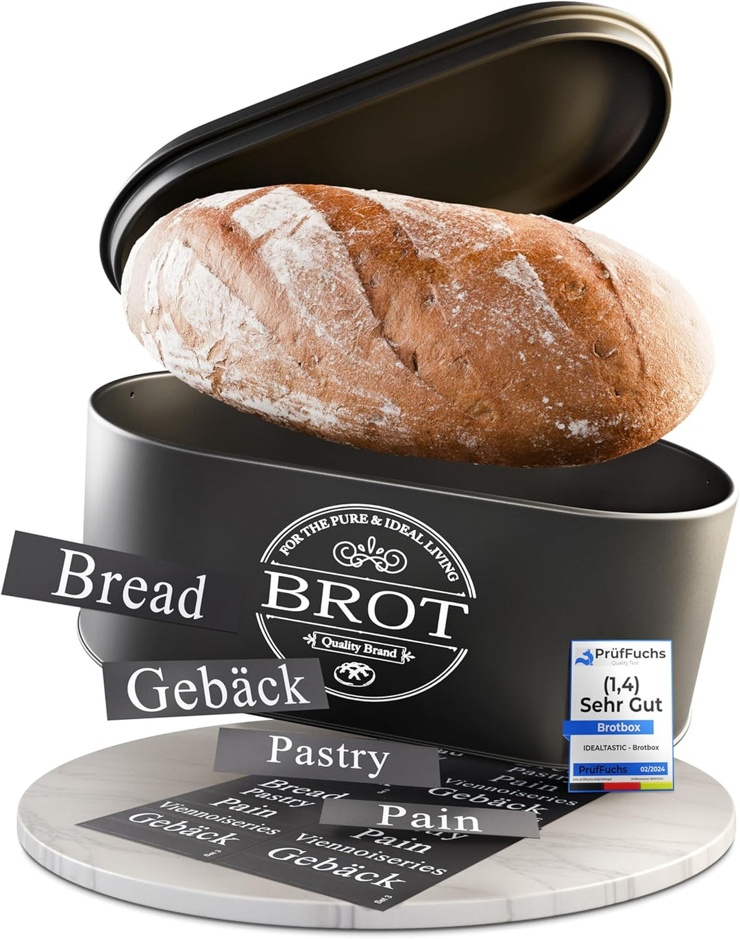 IDEALTASTIC® Premium 2-in-1 Brotkasten schwarz mit effizientem Schneidebrett-Deckel I Länger frischh
