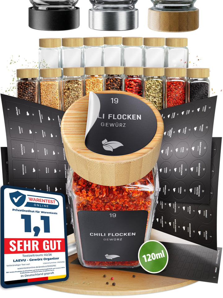 LAEVU Gewürzgläser Set Eckig | 24 Stk. 120ml - 11,1 x 4,5 cm | Gewürzstreuer Bambus mit 350 Gewürzet