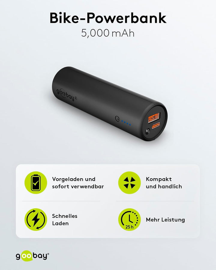 Goobay 60656 Bike Powerbank 5.0 5000 mAh inkl. verstärkter Halterung für Fahrradlenker/Powerbank für