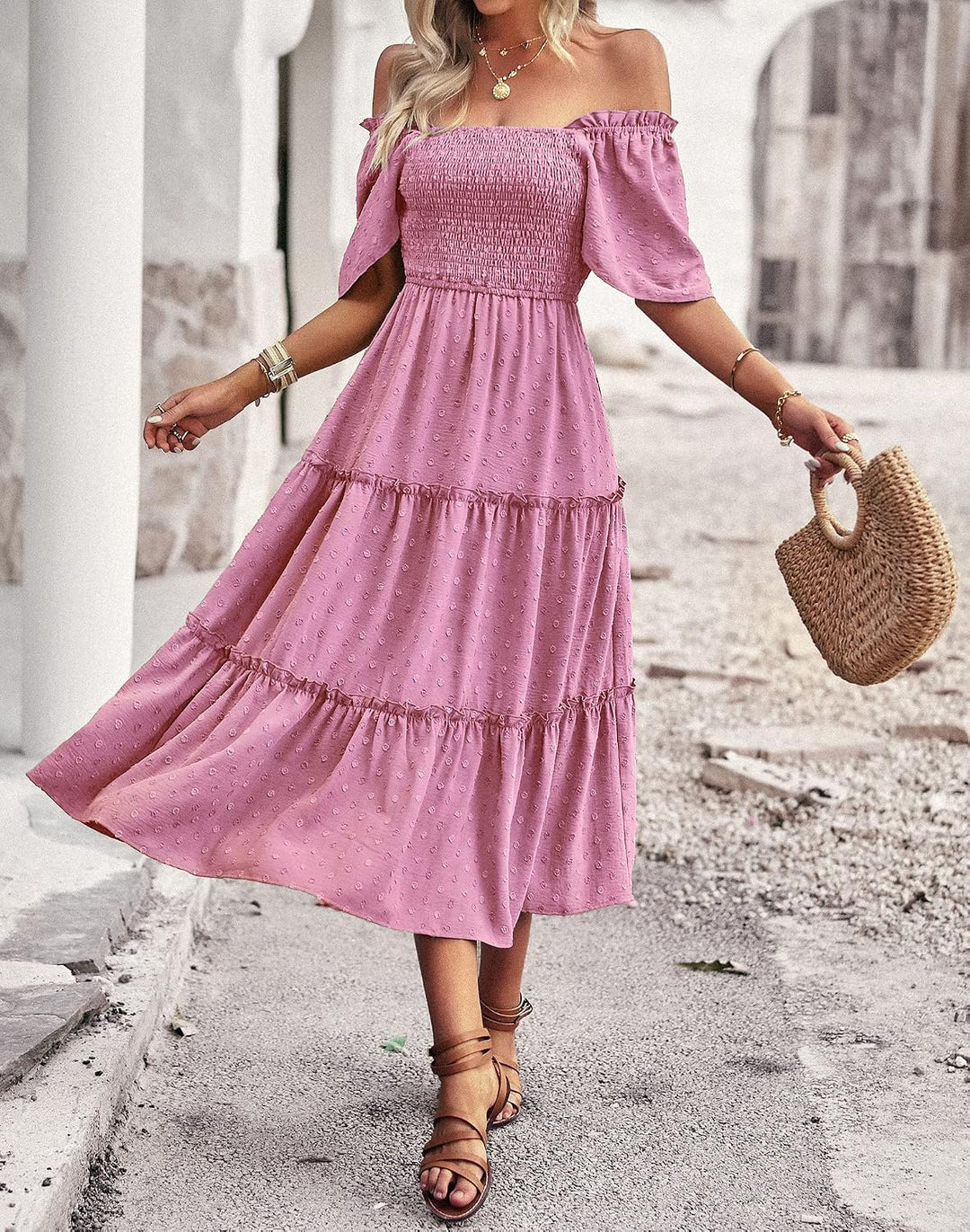 Damen Smocked Midi Kleid Kurzarm U-Ausschnitt Sommerkleid A-Linie Maxikleid Cocktail L Rosa Lila, L