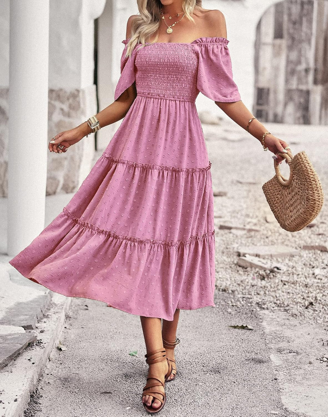 Damen Smocked Midi Kleid Kurzarm U-Ausschnitt Sommerkleid A-Linie Maxikleid Cocktail S Rosa Lila, S