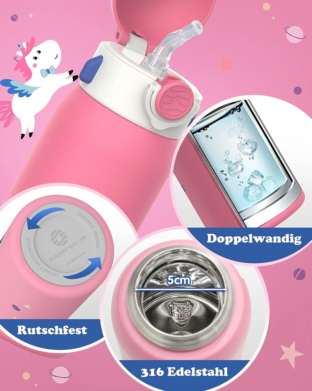 Fjbottle 600ml Trinkflasche Kinder Edelstahlflasche mit Strohhalm + 2 Deckeln, BPA-frei Auslaufsiche