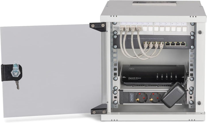 DIGITUS 10 Zoll Netzwerk-Set – 6HE Netzwerkschrank – Fachboden – Steckdosenleiste – 8-Port Switch –