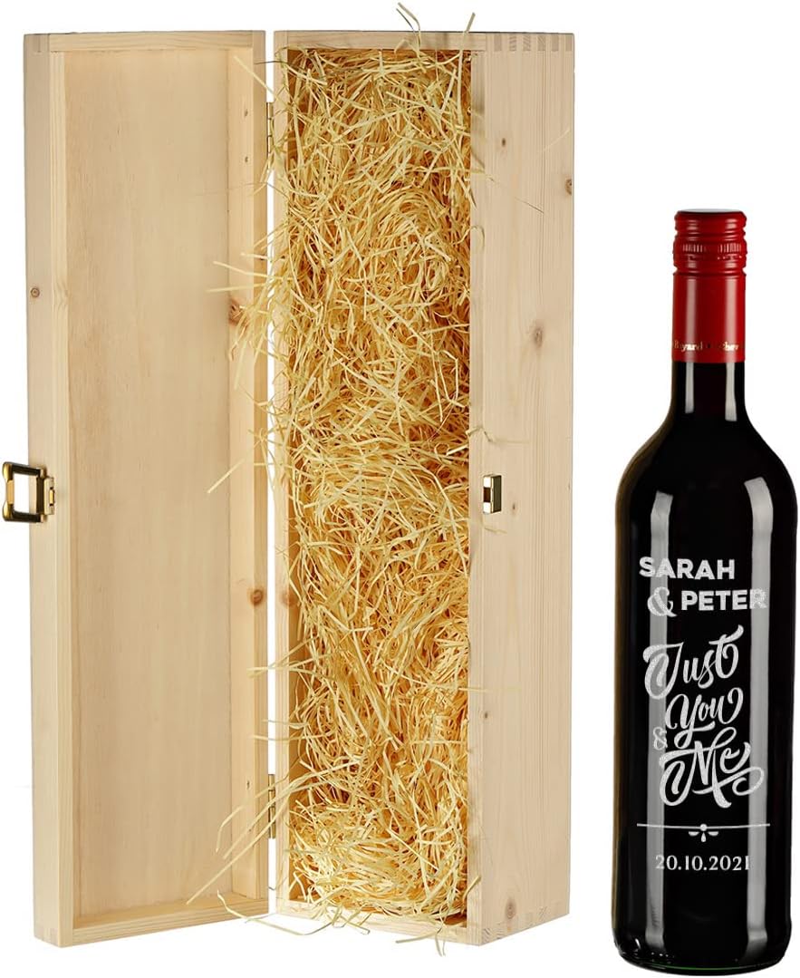 Wein Geschenkset 2-TLG - personalisiert mit Wunschgravur - 1x gravierte Weinflasche 700 ml und 1x Ho
