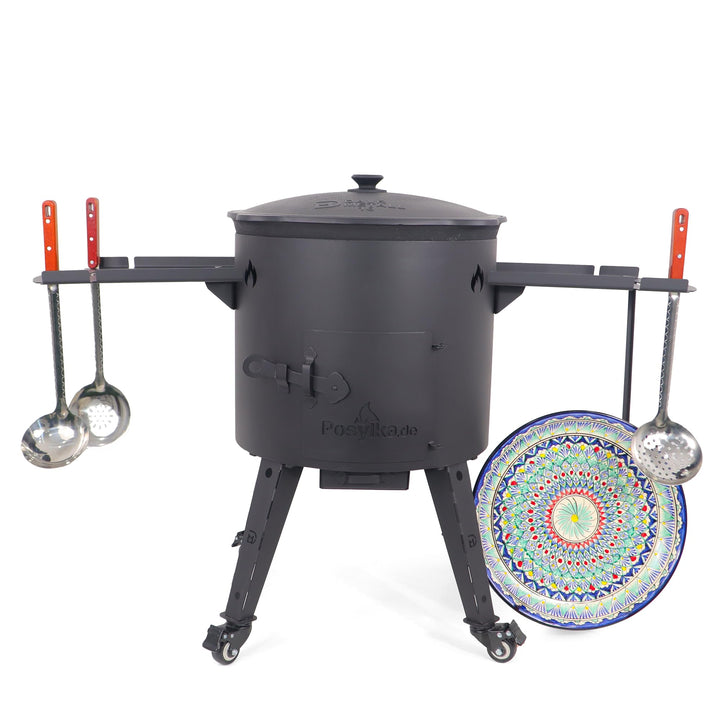 Gusseisen Kazan 16L mit Utschak Feuerofen Ø 44cm | Kasan-Set Runder Boden Deckel | Учаг Feuerschale
