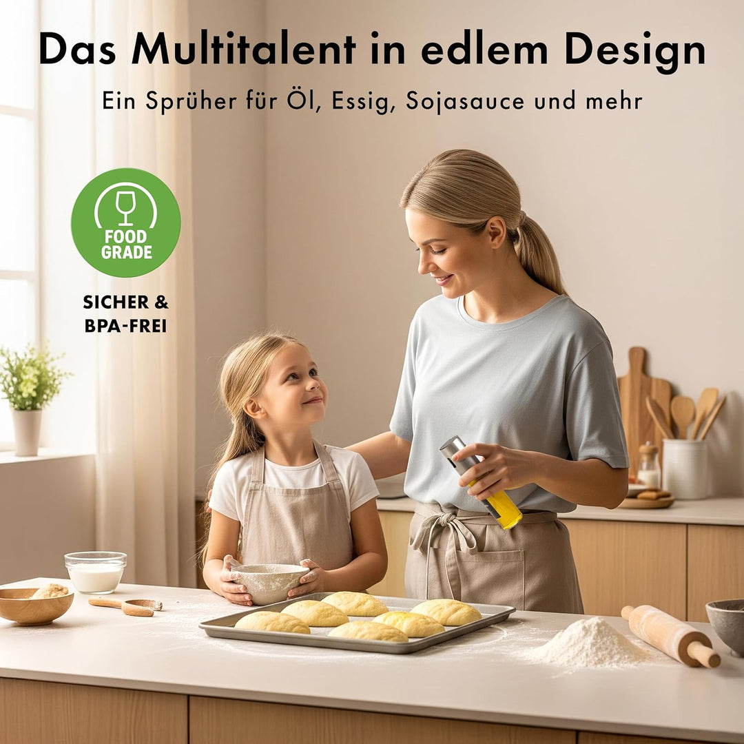 Ölsprüher 2er Set - Hochwertige Öl-Sprühflasche aus Edelstahl & Glas, für gesundes Kochen I Sprüher