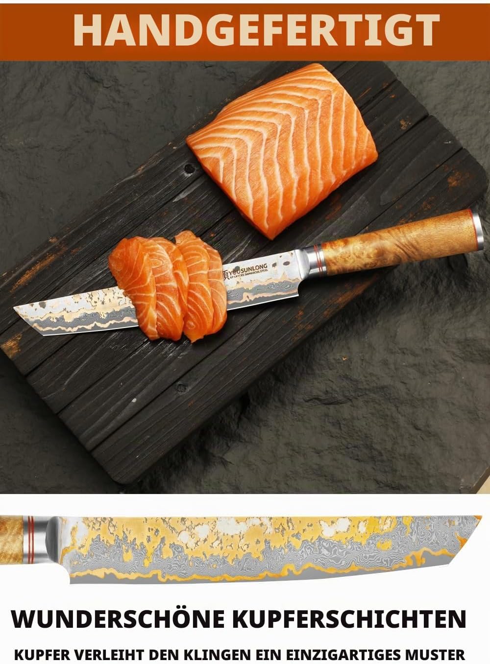 YOUSUNLONG Sashimi-Schneidemesser - 215mm Sujihiki Yanagiba Messer - Superscharfer Schnitt - Japanis