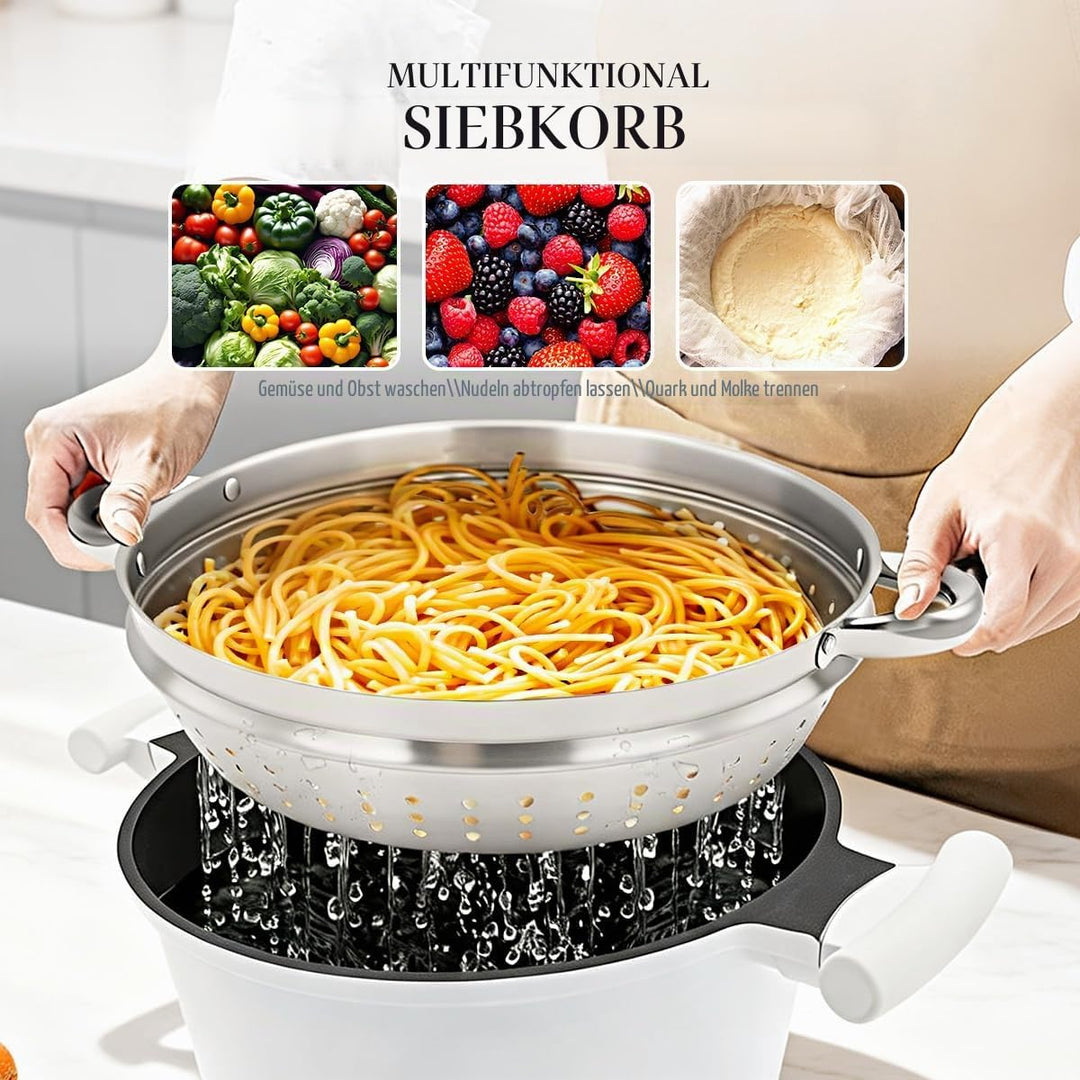 Kochtopf 28 cm mit Deckel, Grosser 7L Stielkasserolle mit Dampfkorb Antihaftbeschichtung-Kasserolle
