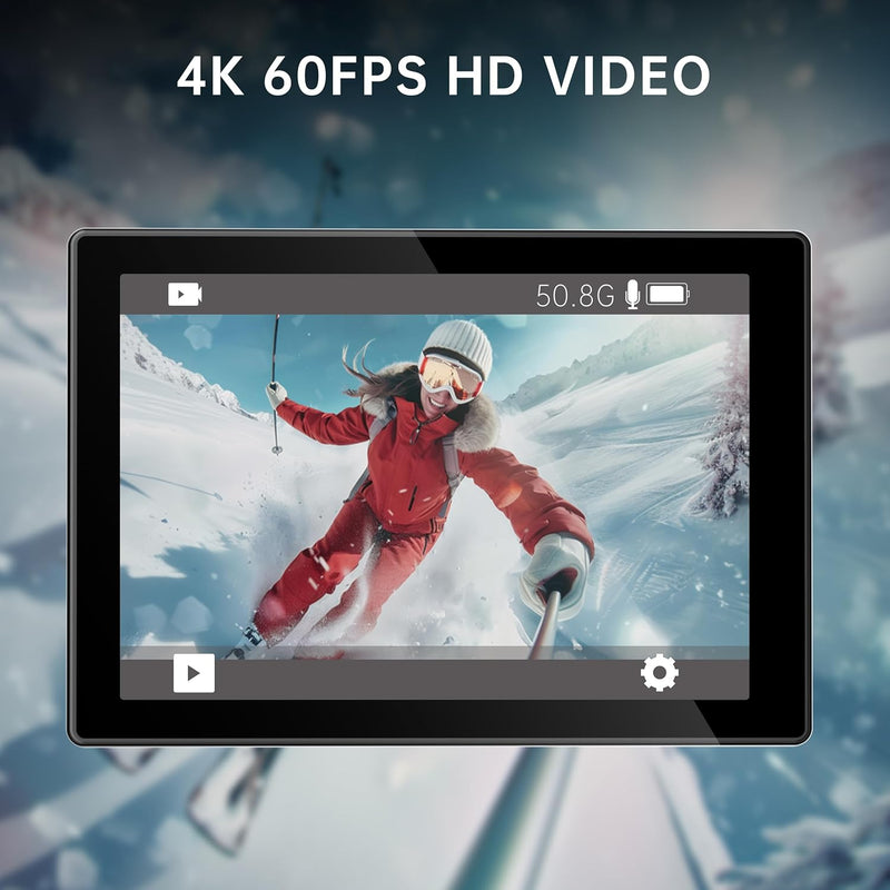 syndesmos Action Cam 4K 60FPS 30MP, 40M Unterwasserkamera, HD Unterwasserkamera Schnorcheln 2 LCD Bi