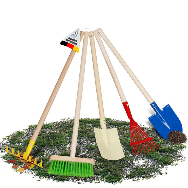 Kinder-Gartenset, Gartengeräte, Set 5-teilig Kinder Schaufel, Besen, Harke, Rechen, Spaten, Laubbese