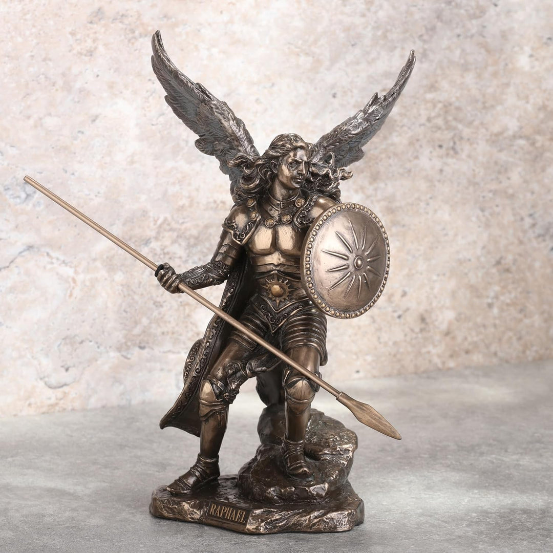 Unicorn Archangel Raphael God Has Healed Holding Shield and Spear Bronze Statue Figurine