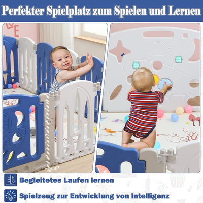 Aufun Laufstall Baby Faltbar, Laufgitter mit Tür und Spielzeugboard, 12 Panel Blu+Weiss Baby Absperr