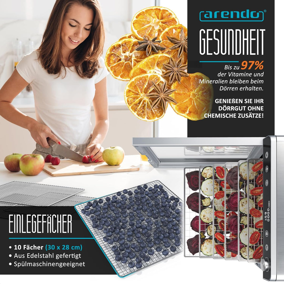 Arendo - Dörrautomat Edelstahl mit 10 Edelstahlgitter - 8400 cm² - Dörrgerät Dehydrator Obsttrockner