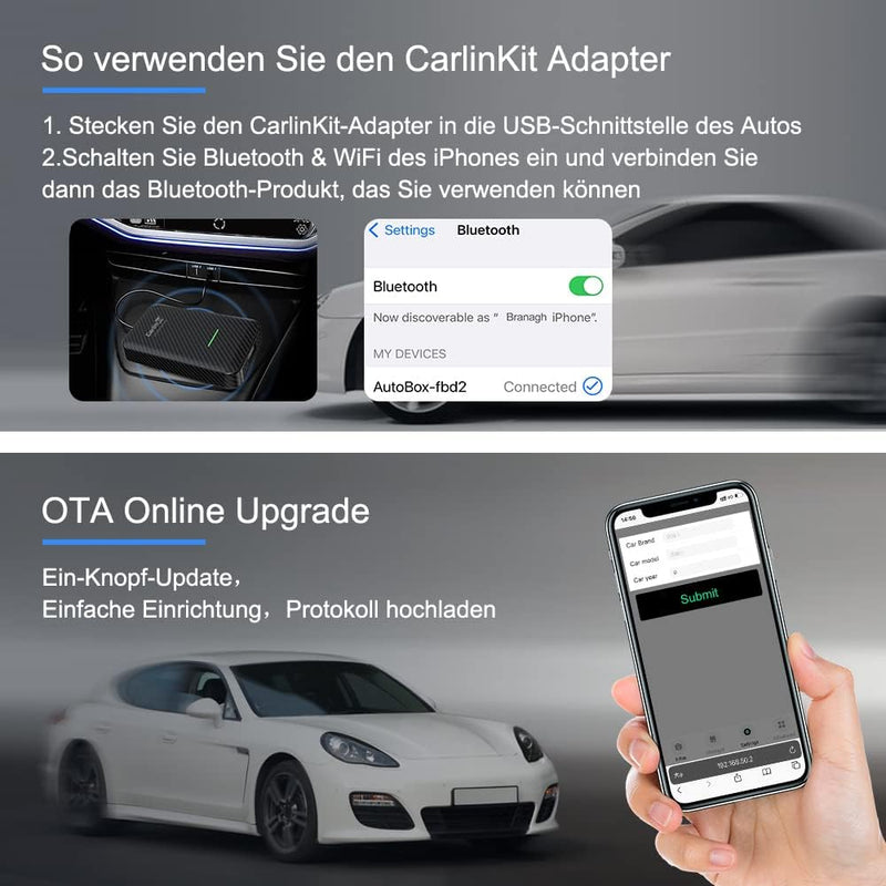 CarlinKit 2023 Carplay-Funkadapter, Unterstützung für OTA-Upgrade, 5-GHz-Datenübertragung, geeignet