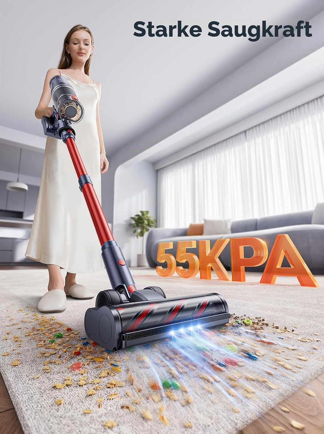 Akku Staubsauger Kabellos 600W 50KPa, Akkustaubsauger mit 65 Min Laufzeit, Selbststehender Stabstaub