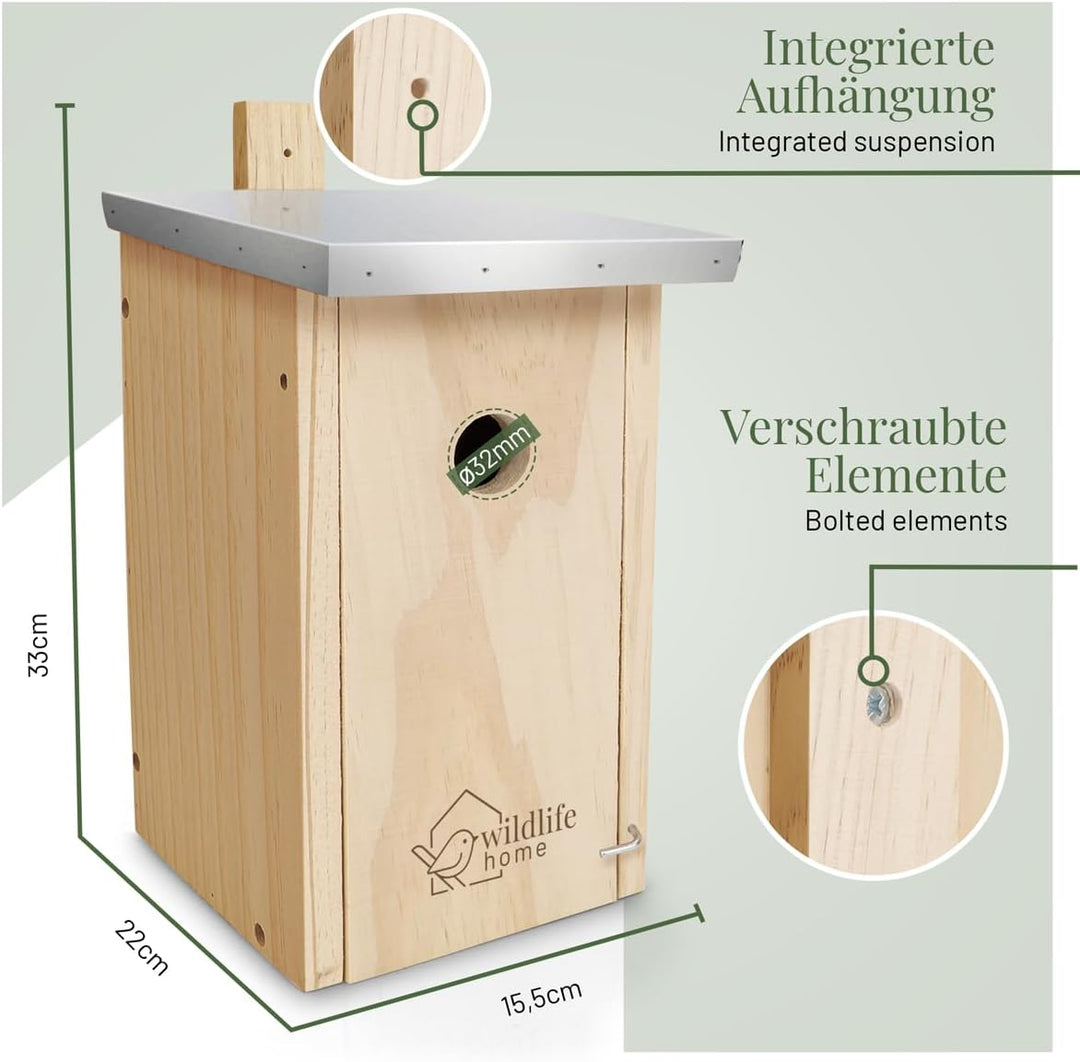 WILDLIFE HOME Nistkasten Meisen mit Metalldach für Kohlmeisen &amp; Co. I nach NABU aus verschraubtem Ma