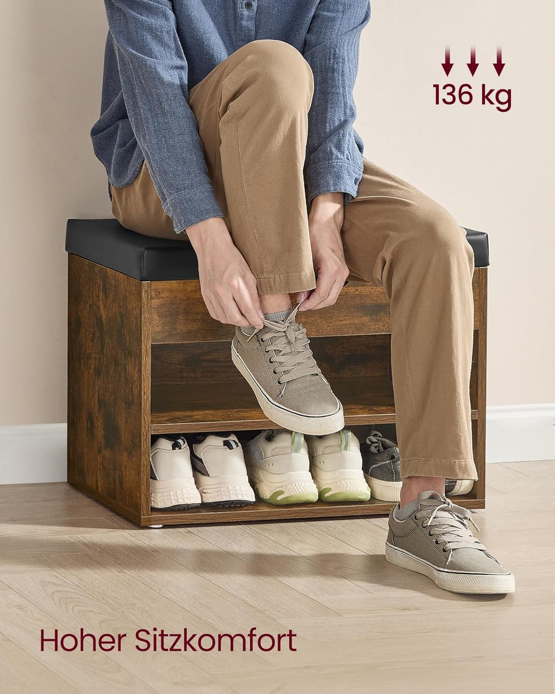 VASAGLE Schuhbank, Sitzbank, Schuhregal mit gepolstertem Kissen, Schuhorganizer mit 3 Ebenen, 30 x 6