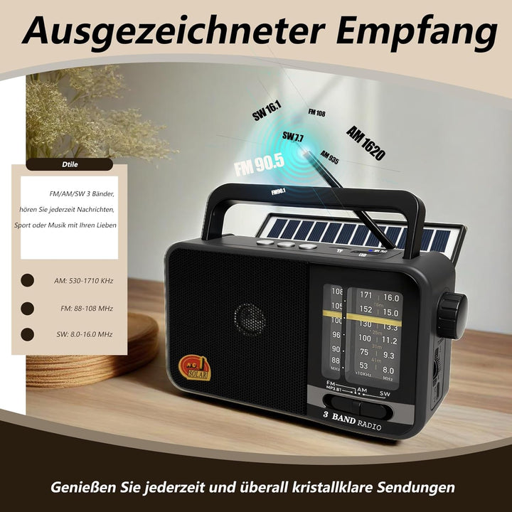 Bluetooth Radio Klein mit Solarzelle und 1200mAh-Batterie, AM/FM/SW Empfänger mit 8W Lautsprecher/TW