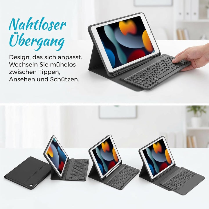 iPad 9 Generation Hülle mit Tastatur, Passend für die 8/7, Schwarz | QWERTZ, Beleuchtete, Magnetisch