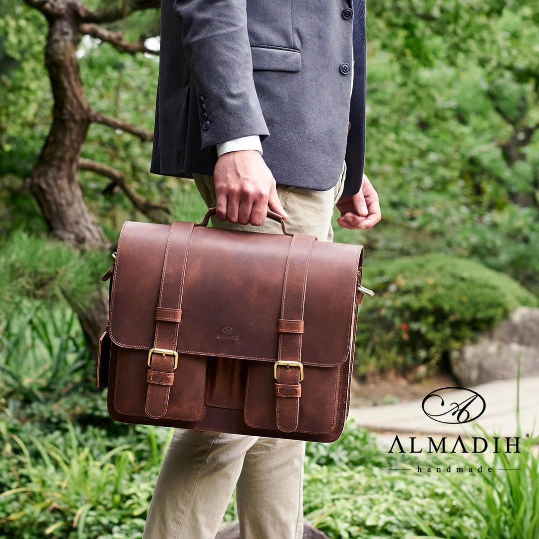 ALMADIH Leder Aktentasche ROY handgefertigt robust Premium Rindsleder braun Sattlerqualität Business