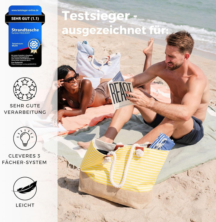 Strandtasche XL - mit Reissverschluss & 2x Innentaschen (für nasse Badekleidung & Wertsachen) bequem