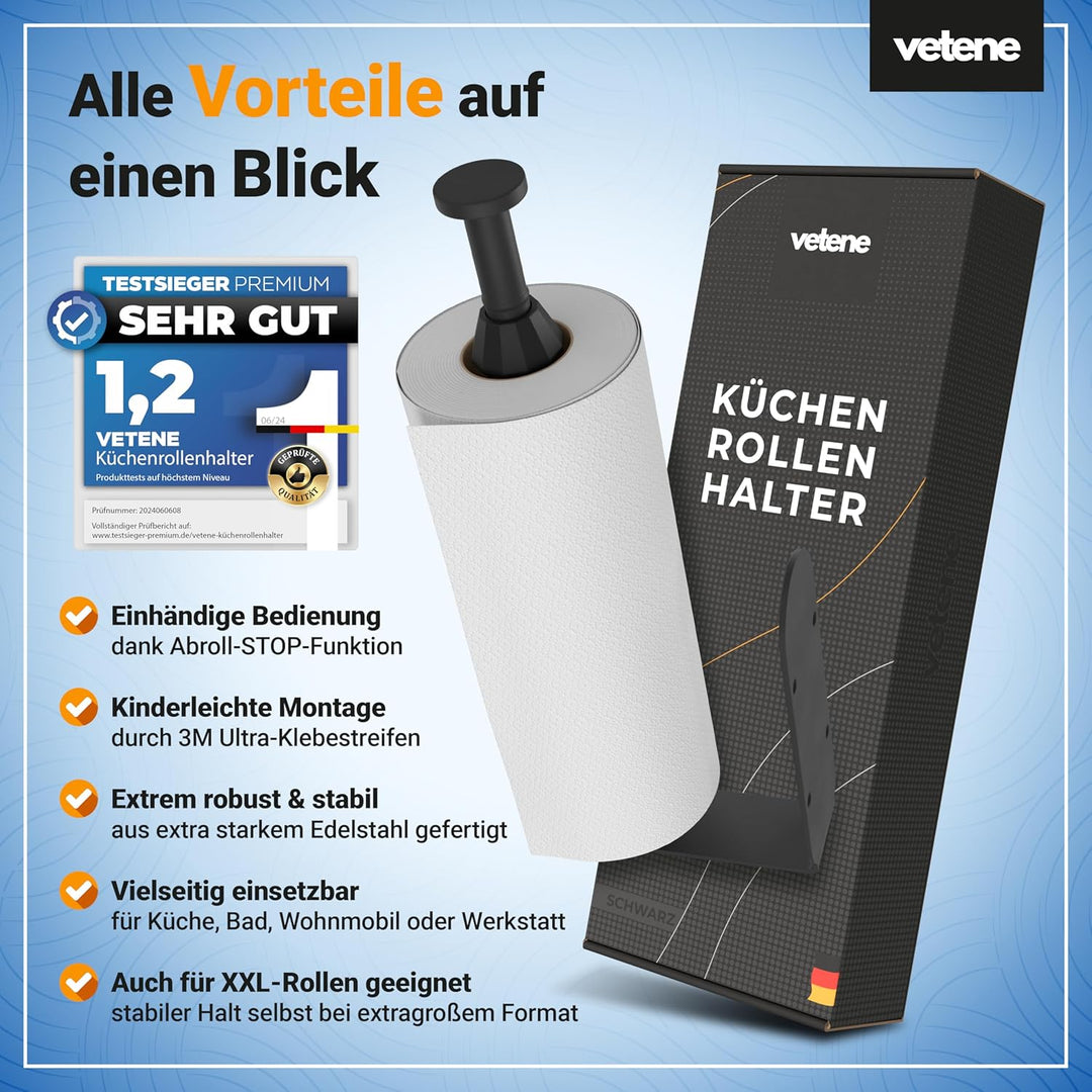 vetene® Küchenrollenhalter ohne Bohren [Einhändig Abreissen] – Edelstahl Schwarz – mit Abroll-Stop –