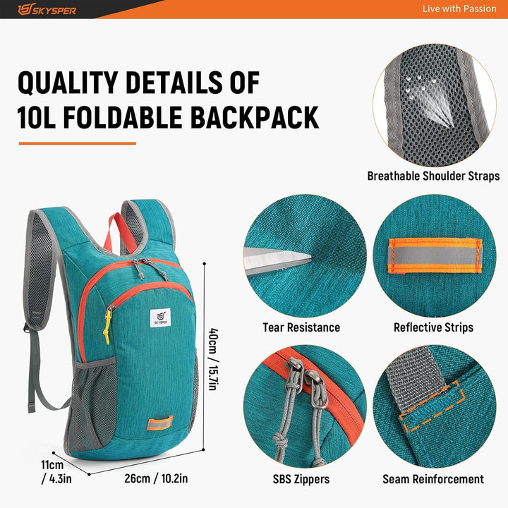 SKYSPER Faltbarer Rucksack 10L Klein Ultraleicht Tagesrucksäcke Wanderrucksack Reisenrucksack Trekki