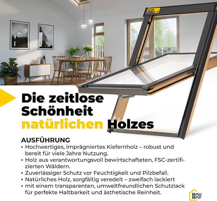 BAUBAY 66x118 cm Dachfenster aus Holz | Fenster mit 3-fach Verglasung | Schrägfenster | inkl. Eindec