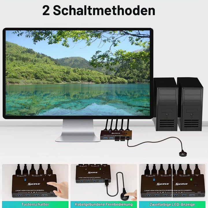 KVM Switch HDMI 8K@60Hz 4K@120Hz, KVM Switch 2 PC 1 Monitor HDMI2.1 with 3 USB3.0 Devices, HDR 10, H