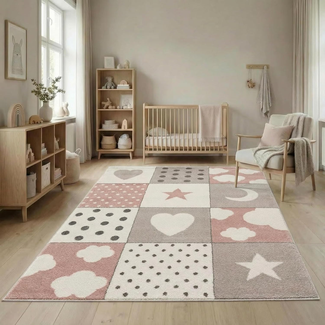 | Kinderteppiche Patchwork Herz Sterne Wolke | Kinderteppich für Mädchen und Jungs | Teppich für Kin