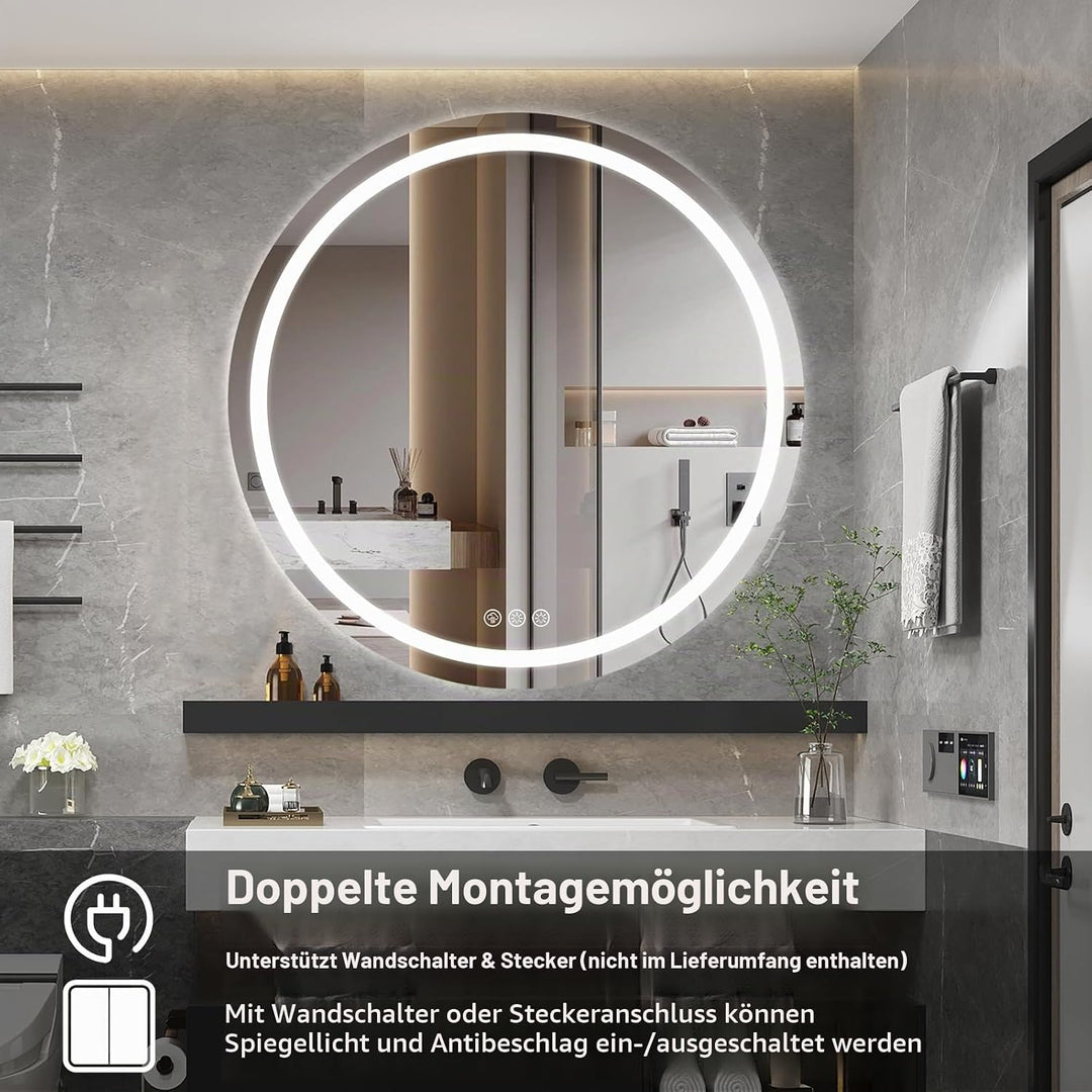 Badezimmerspiegel mit Beleuchtung, 80cm Runder Spiegel mit Beleuchtung, Wandspiegel mit Frontbeleuch