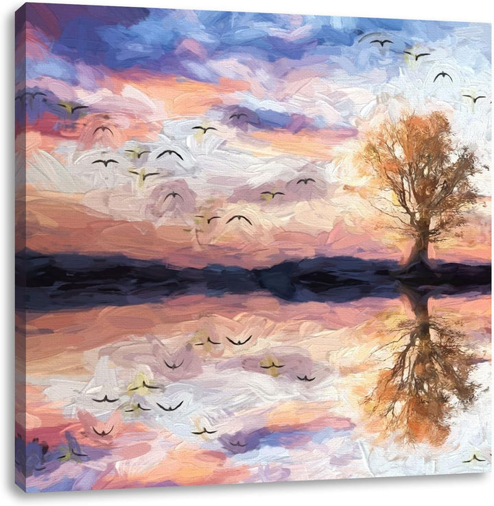 Baum in Dämmerung, Format: 70x70 auf Leinwand, XXL riesige Bilder fertig gerahmt mit Keilrahmen, Kun