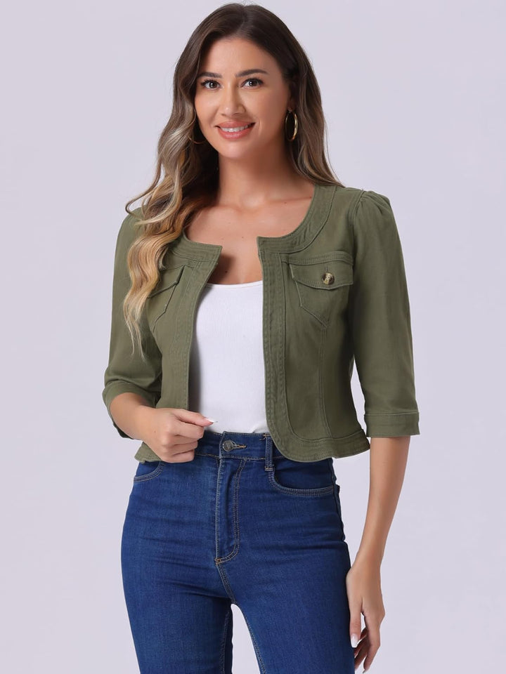 Allegra K Damen Jeansjacke 3/4 Ärmel Open Front Kragenlos Jacke mit Taschen M Armeegrün, M Armeegrün